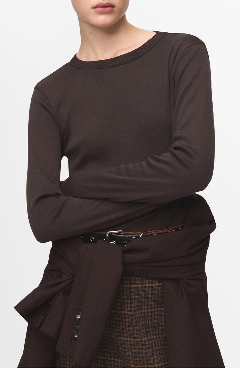 MANGO Long Sleeve Cotton Rib T-Shirt, Main, color, Brown