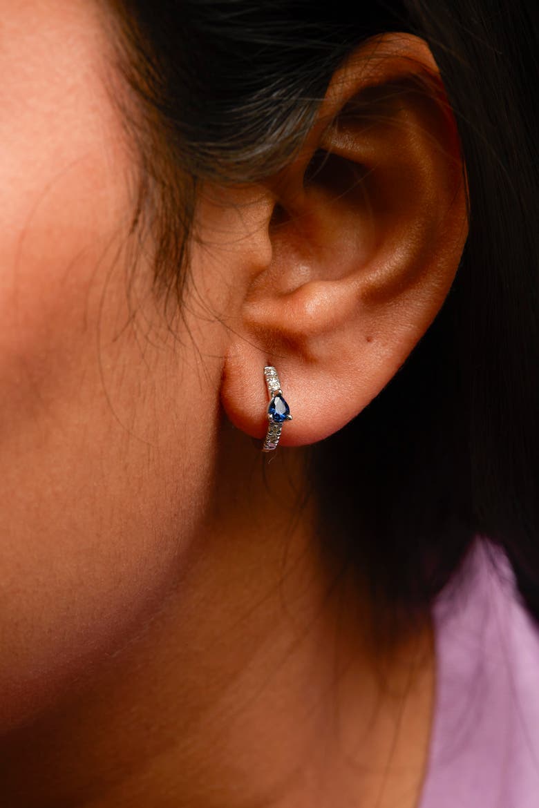 10K White Gold Pear Shaped Blue Sapphire and 1/10 Ct Diamond Huggy Hoop Earrings, Alternate, color, White