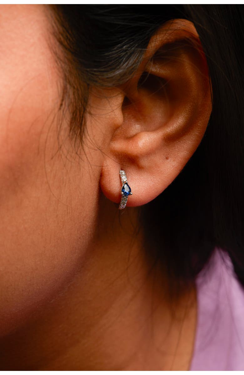 Haus of Brilliance 10K White Gold Pear Shaped Blue Sapphire and 1/10 Ct Diamond Huggy Hoop Earrings, Alternate, color, White