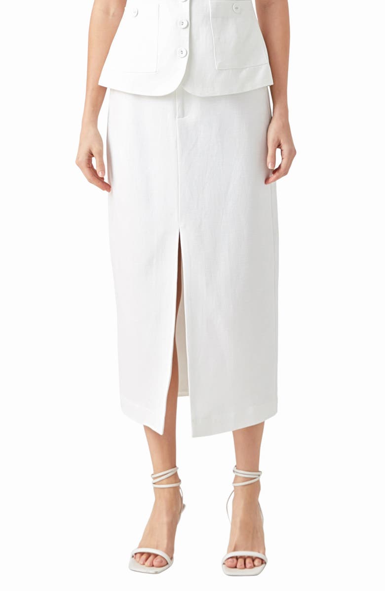 Endless Rose Front Slit Linen Blend Midi Skirt, Main, color, White