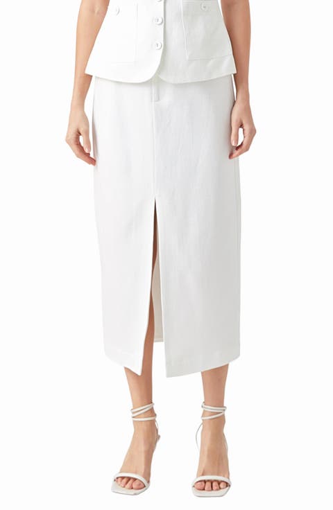 Front Slit Linen Blend Midi Skirt