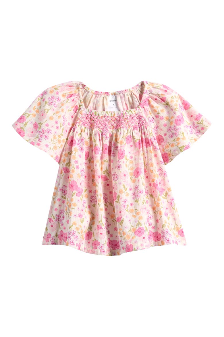 Kids' Flutter Sleeve Smocked Top, Main, color, IVORY EGRET POPPY GARDEN