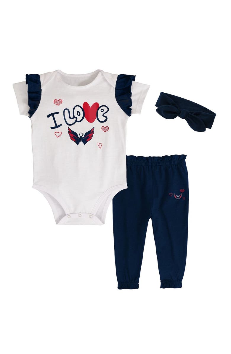 Outerstuff Girls Infant White/Navy Washington Capitals I Love Hockey Bodysuit Pants & Headband Set, Main, color, 