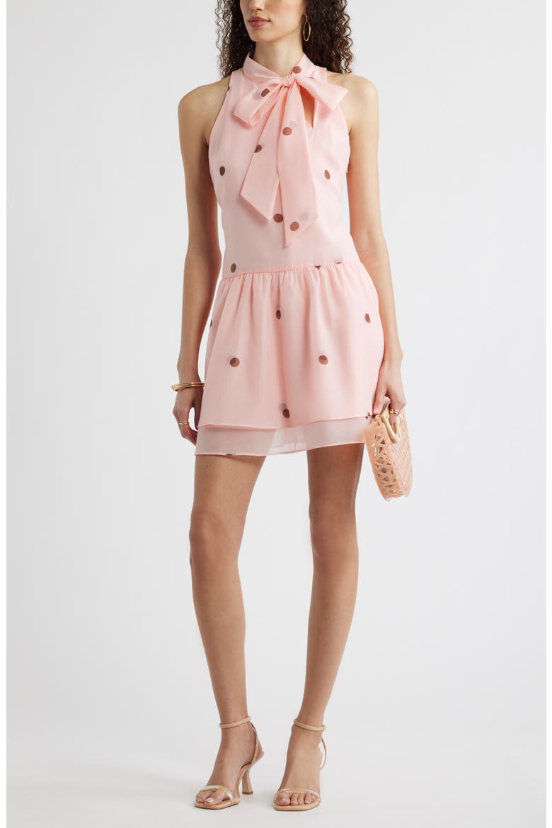 Tie Neck Tiered Minidress, Alternate, color, PINK BROWN LISA DOT