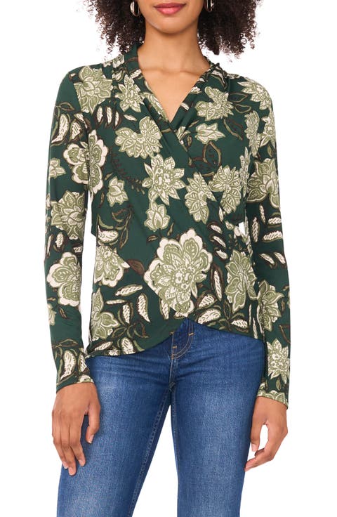 Floral Print Long Sleeve Faux Wrap Top