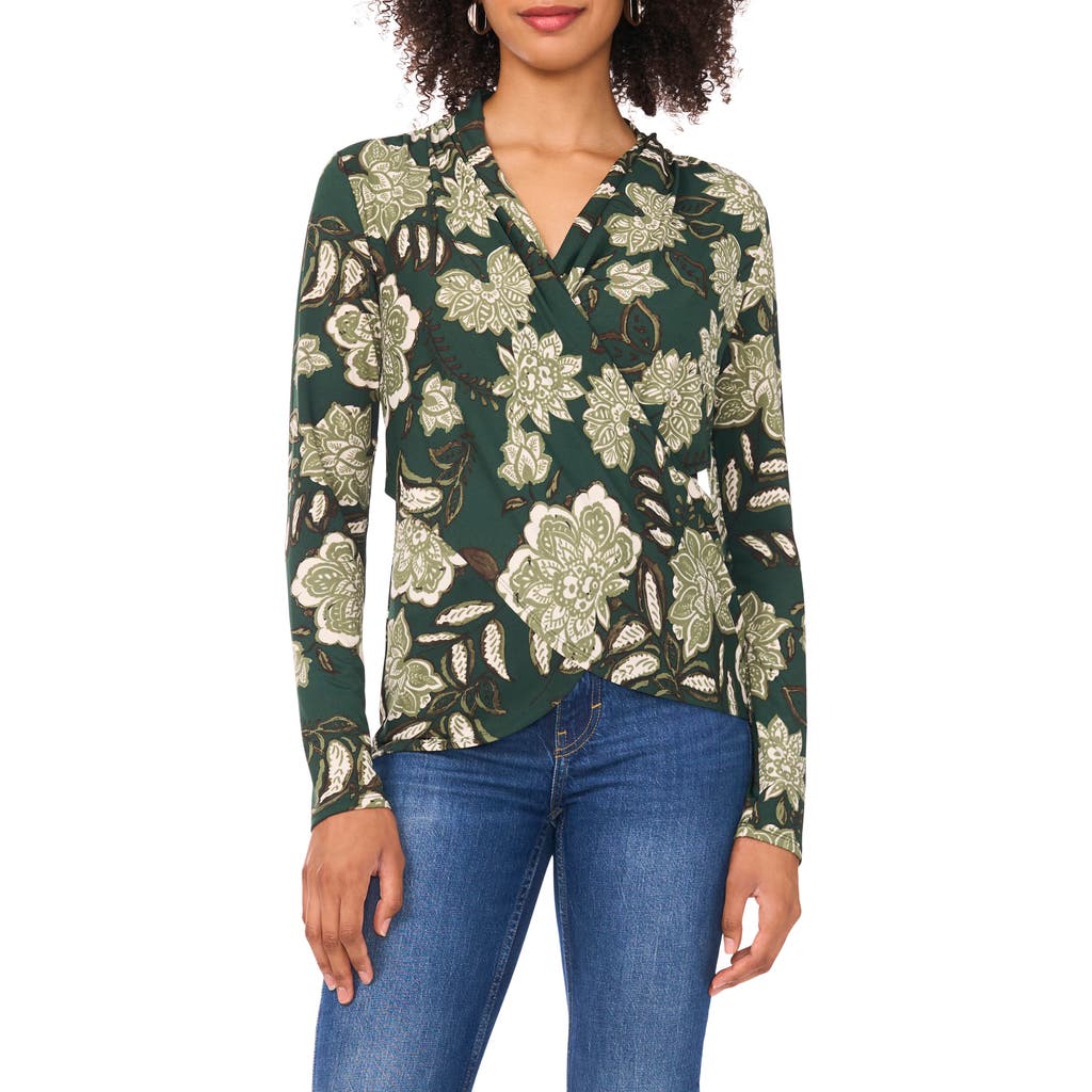 Vince Camuto Floral Print Long Sleeve Faux Wrap Top In Green