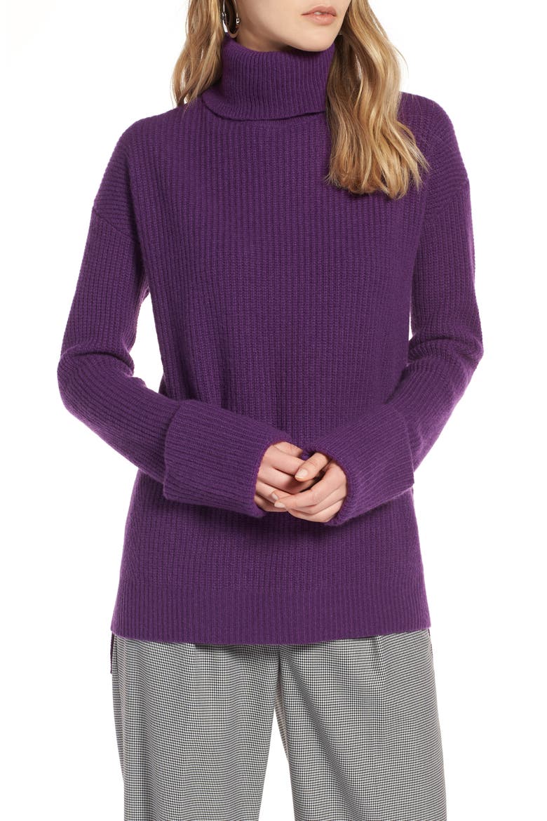 Wide Cuff Turtleneck Cashmere Sweater, Main, color, PURPLE ROYAL