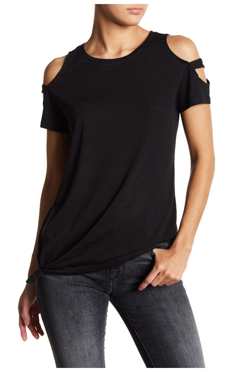 Sweet Romeo Cold Shoulder Cage Sleeve Front Tie T-Shirt, Main, color, 