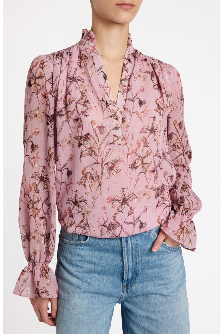 Chelsea Long Sleeve Ruffle Neck Blouse in Printed Georgette, Main, color, Sweet Pink