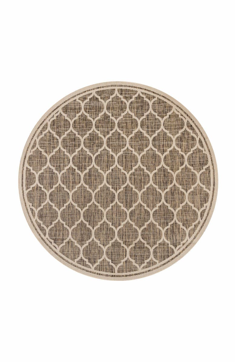 JONATHAN Y Trebol Moroccan Trellis Textured Weave Indoor/Outdoor Round Area Rug, Main, color, Brown/Beige