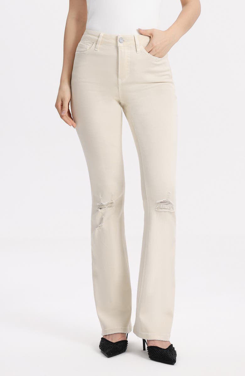 Bayeas Emily High Waist Distressed Flare Jeans, Main, color, Ecru
