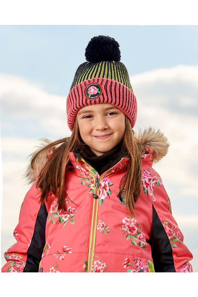 Girl's Knit Hat Black, Lime And Coral, Alternate, color, Vertical Stripes