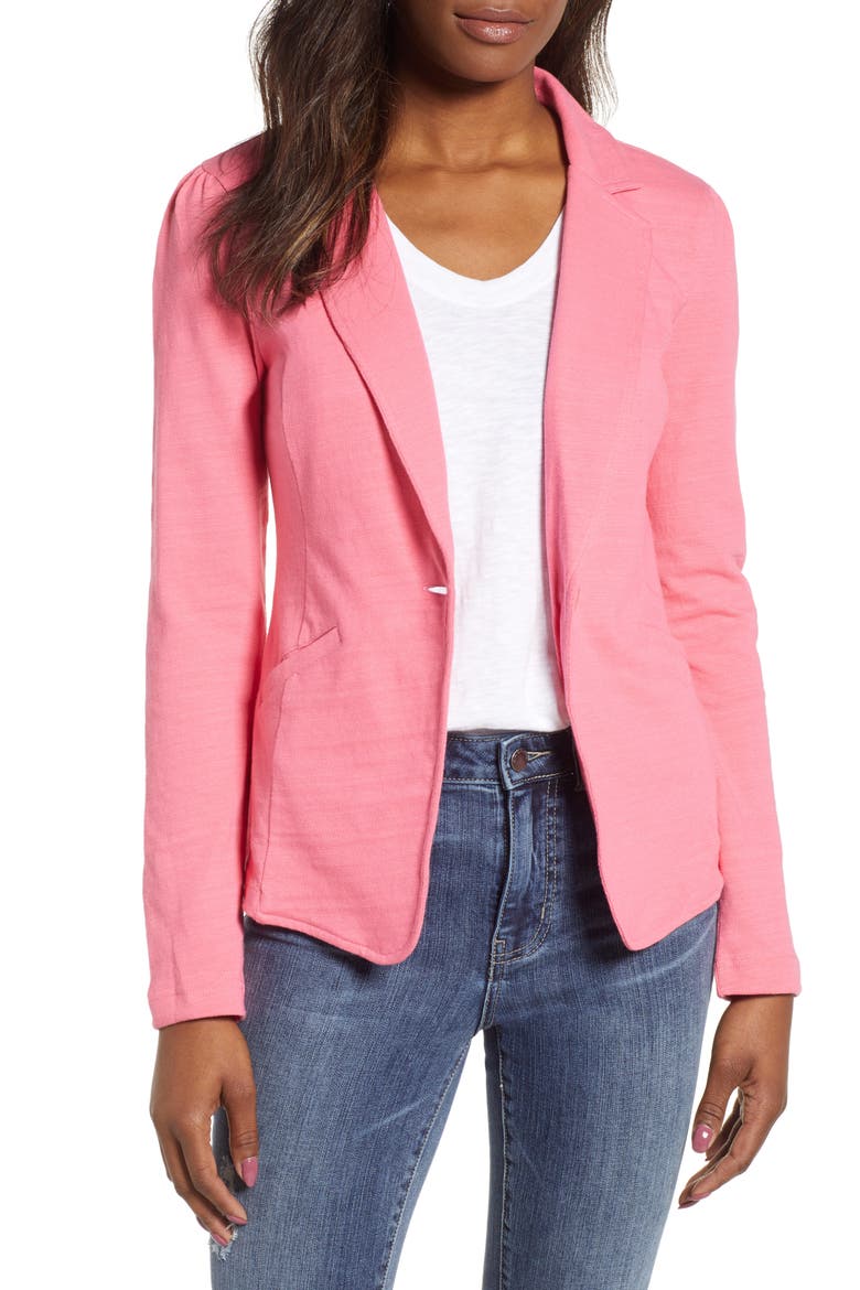 Knit One-Button Blazer, Main, color, PINK LEMONADE