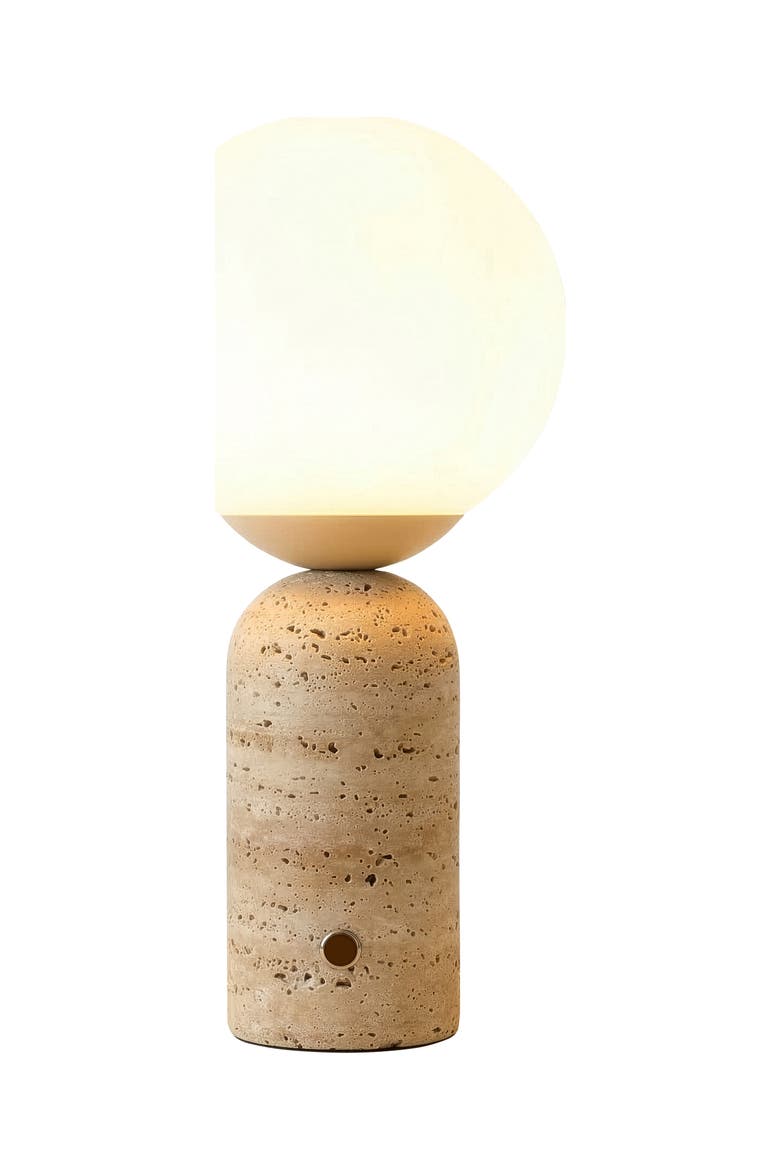 Mila Tall 16" LED Travertine Stone Bedside Table Lamp with Frosted Glass Globe and Built-In 3-Way Dimmer, Main, color, Travertine
