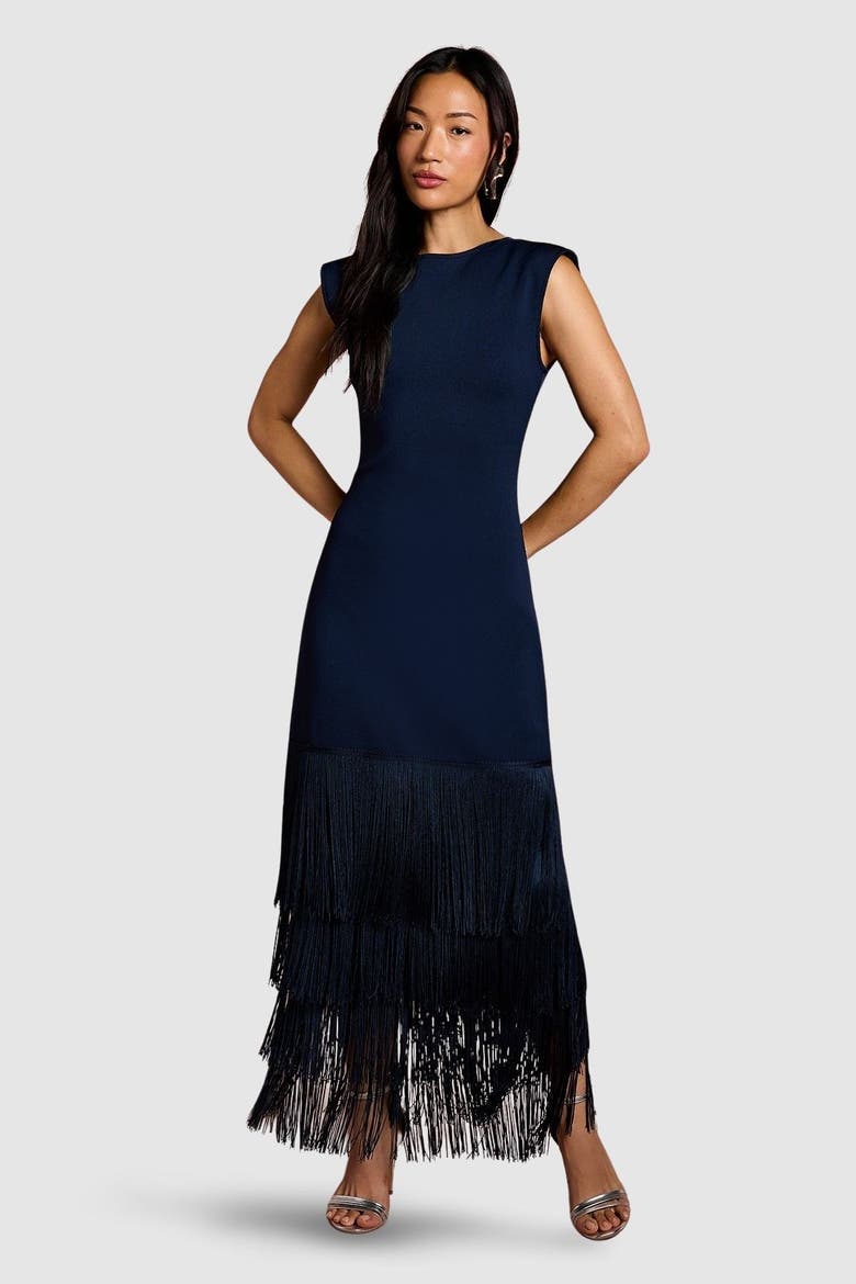 Bandage Knit Fringed Hem Midi Dress, Main, color, Navy