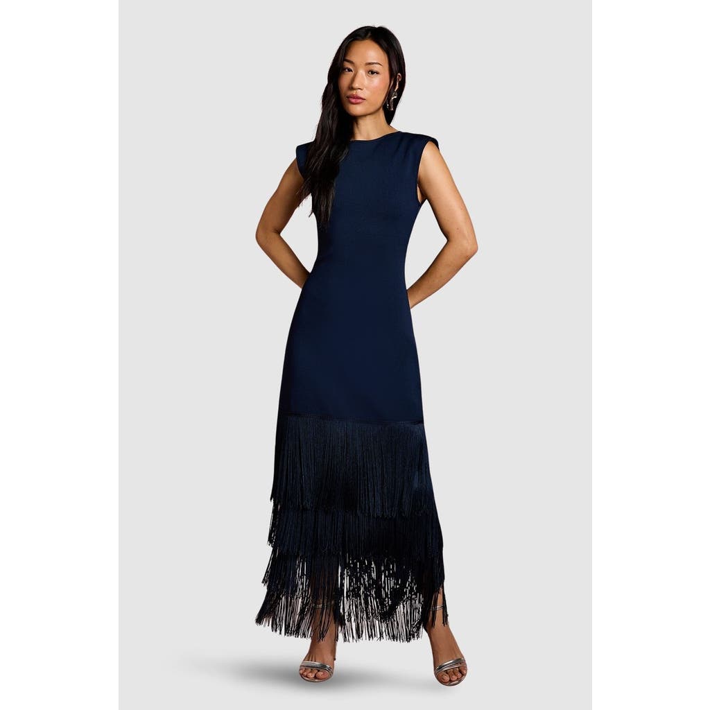 Coast Bandage Knit Fringed Hem Midi Dress In Blue