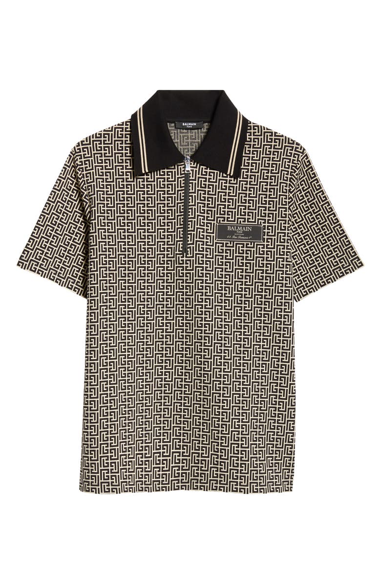Balmain Monogram Jacquard Zip Polo, Alternate, color, 