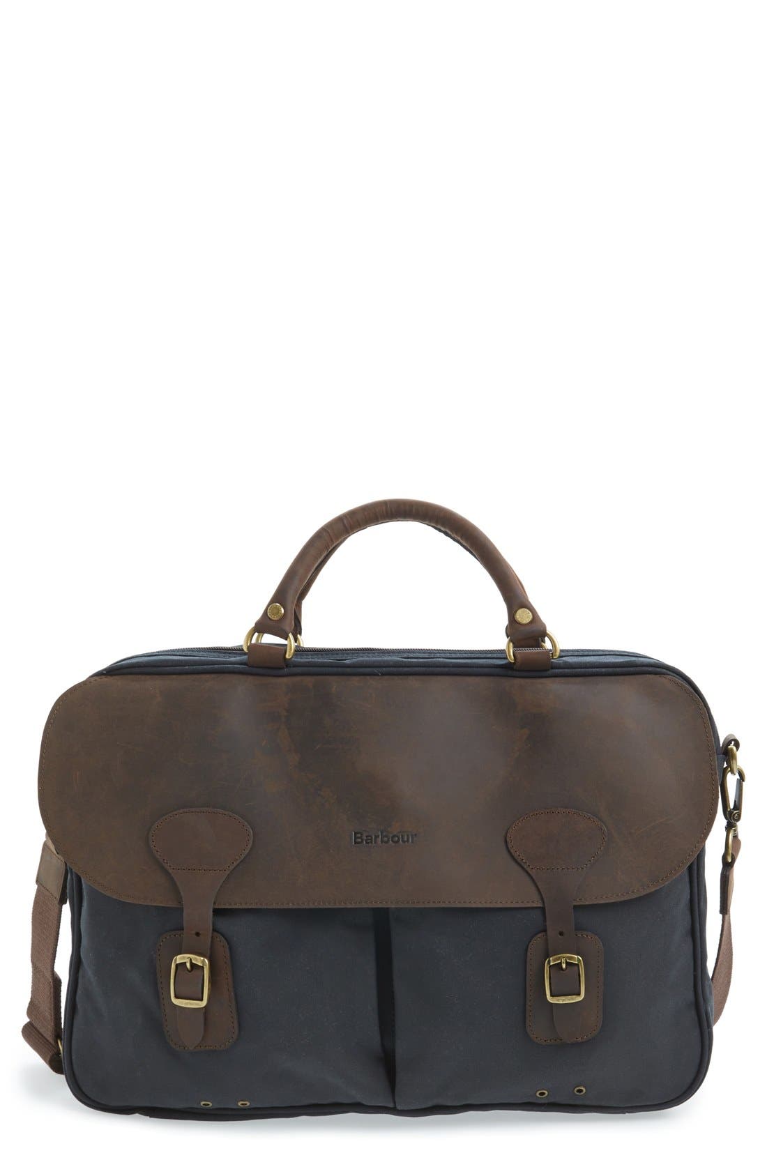 Waxed Leather Briefcase, Main, color, NAVY
