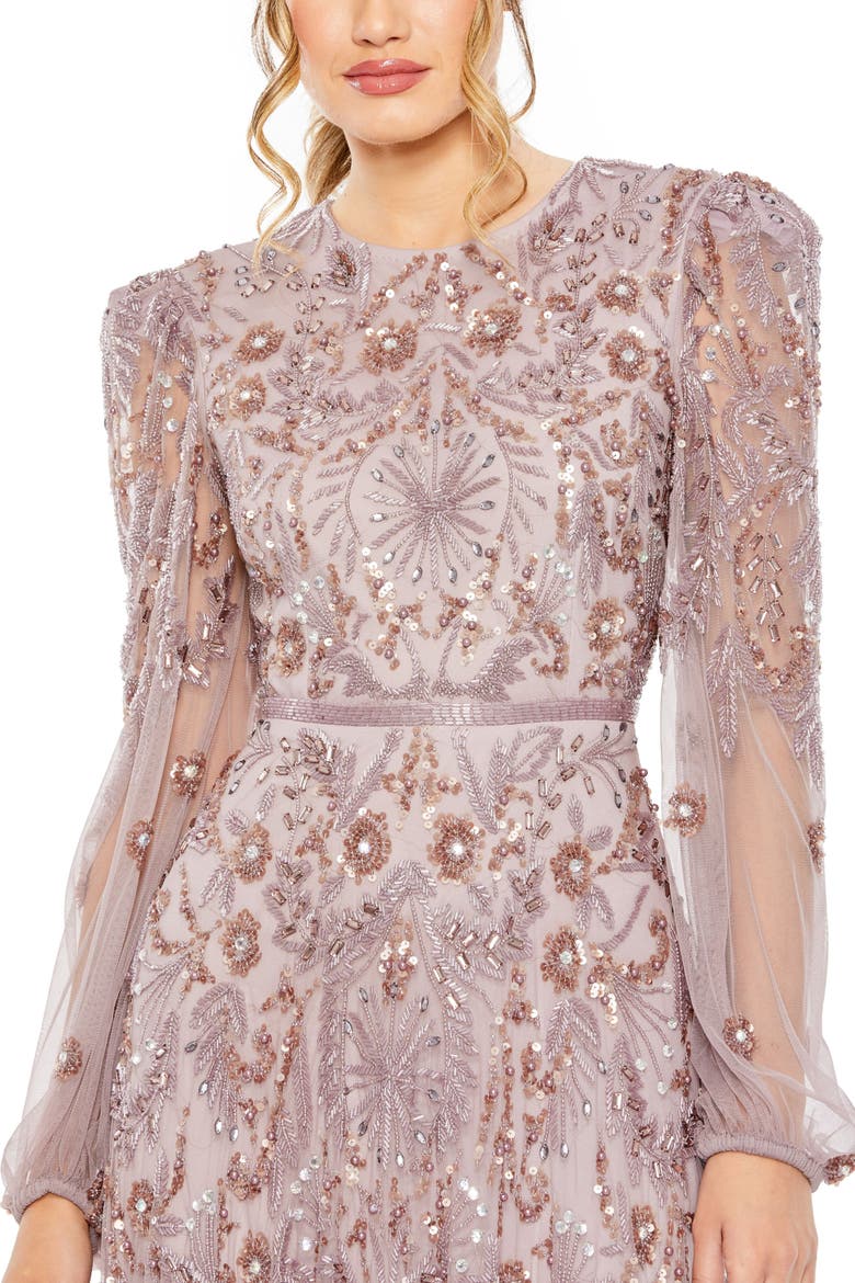 Puff Sleeve Embellished A-Line Gown, Alternate, color, Heather