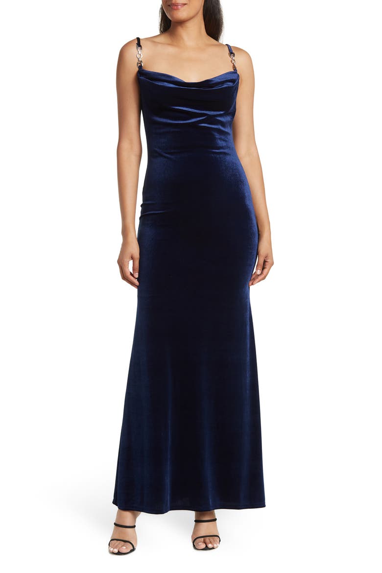 Cowl Neck Velvet Gown, Main, color, NAVY