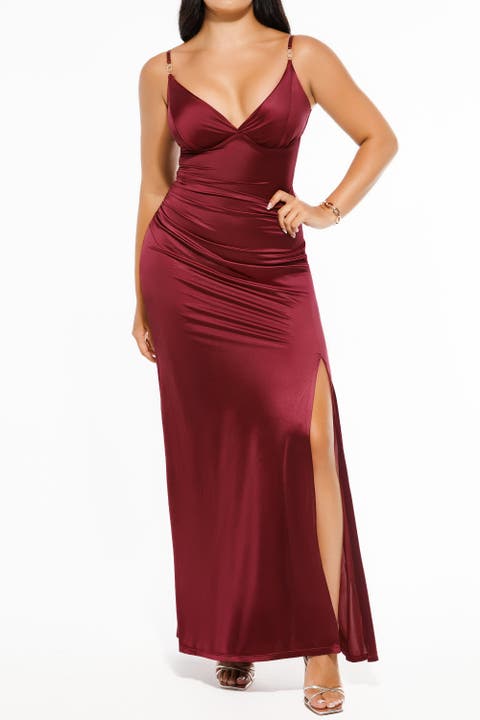 Shapewear Satin Deep-V Front Slit Maxi Date Night Shapewear Dress
