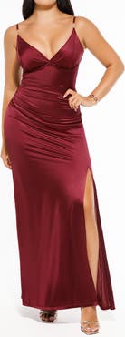 Popilush Shapewear Satin Deep-V Front Slit Maxi Date Night Shapewear Dress