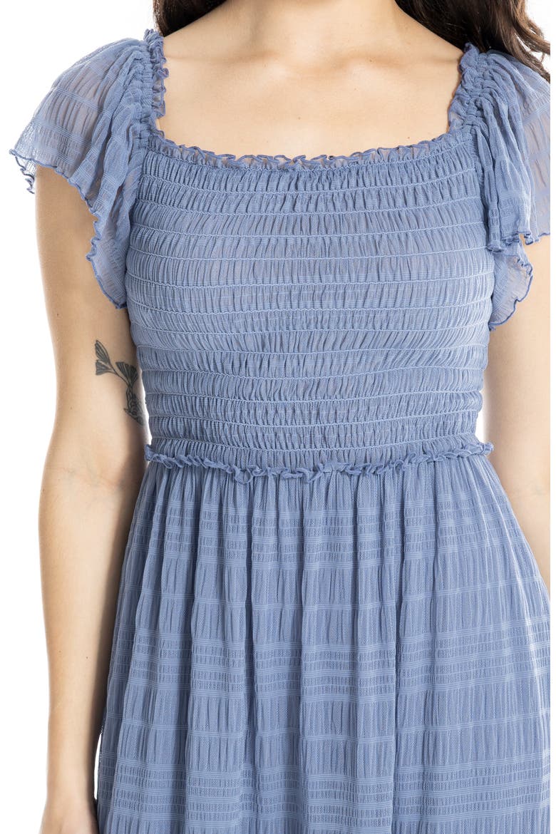 Flutter Sleeve Smocked Mesh Midi Dress, Alternate, color, CHAMBRAY CHAMBRAY