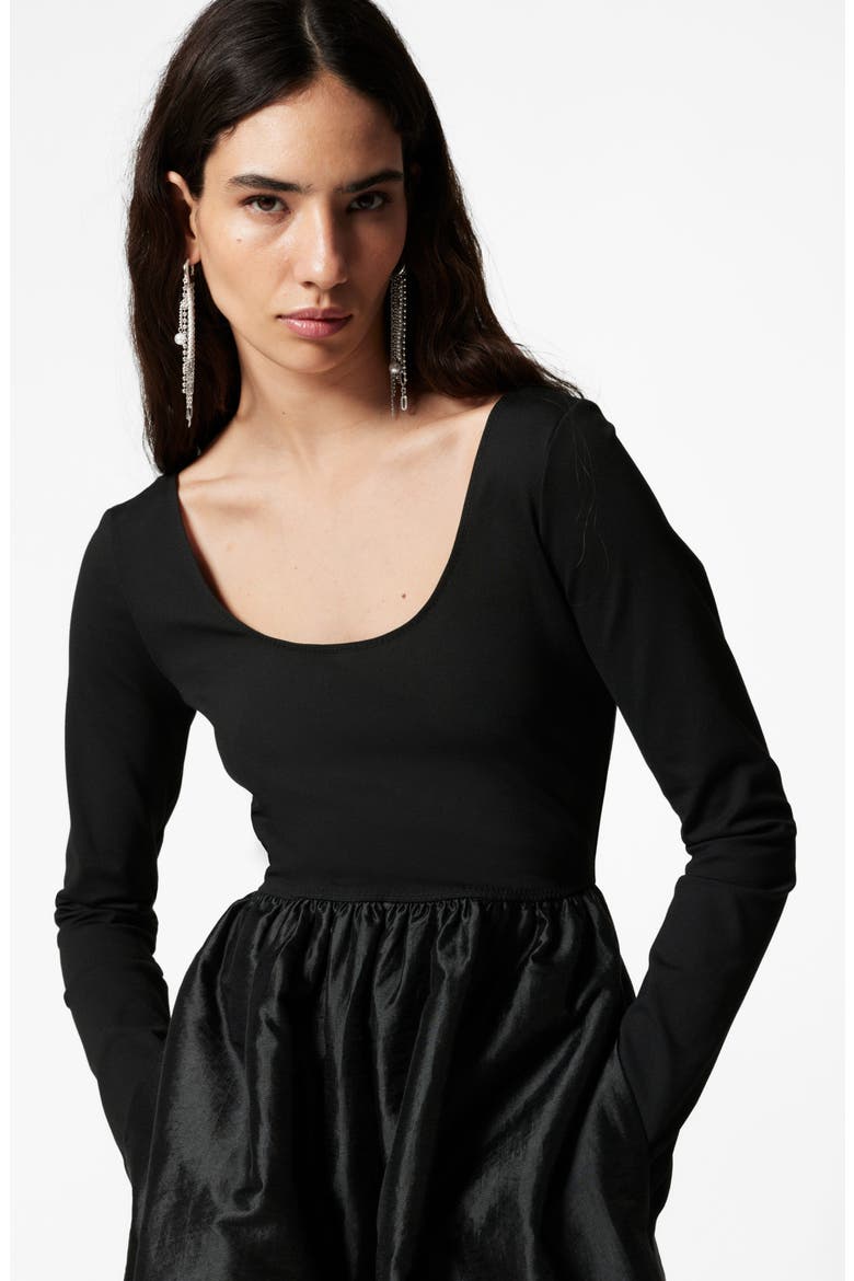 Long Sleeve A-Line Midi Dress, Alternate, color, BLACK DARK