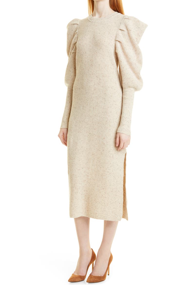 Marnia Puff Sleeve Wool Blend Midi Sweater Dress, Alternate, color, CAMEL