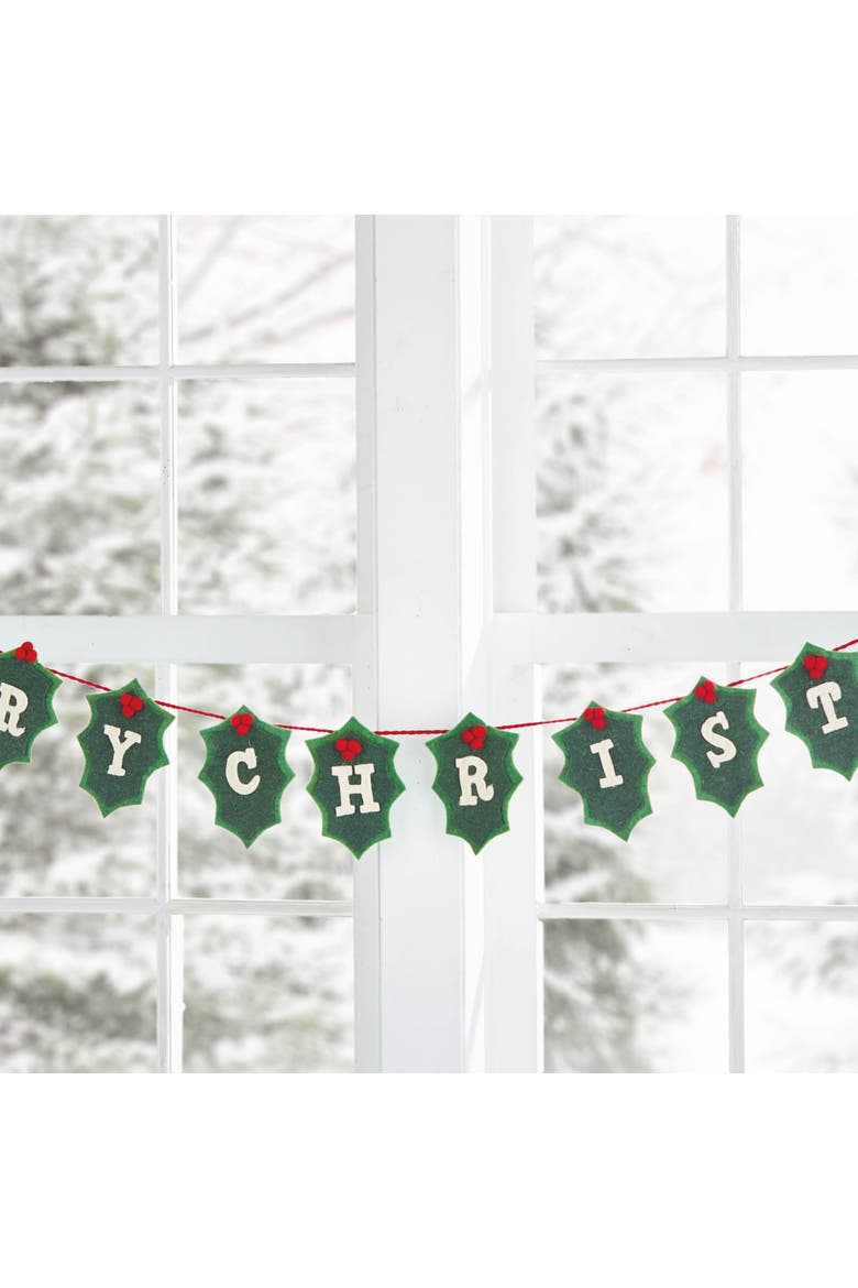 Merry Christmas Holly Berries Wool Felt Garland Decoration, Alternate, color, Green