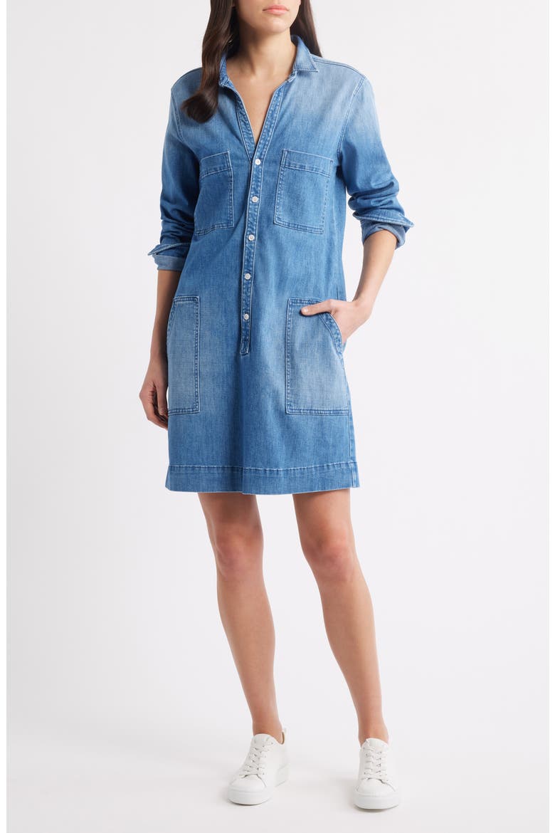 Ireland Patch Pocket Long Sleeve Denim Shirtdress, Main, color, BLUE WITH LIGHT WASH