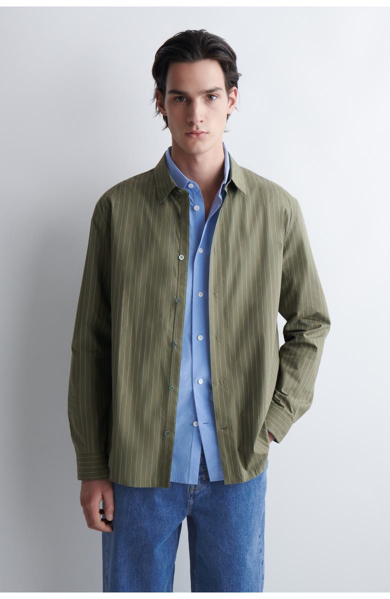 COS Relaxed Pima Cotton Poplin Shirt, Main, color, Khaki / Striped
