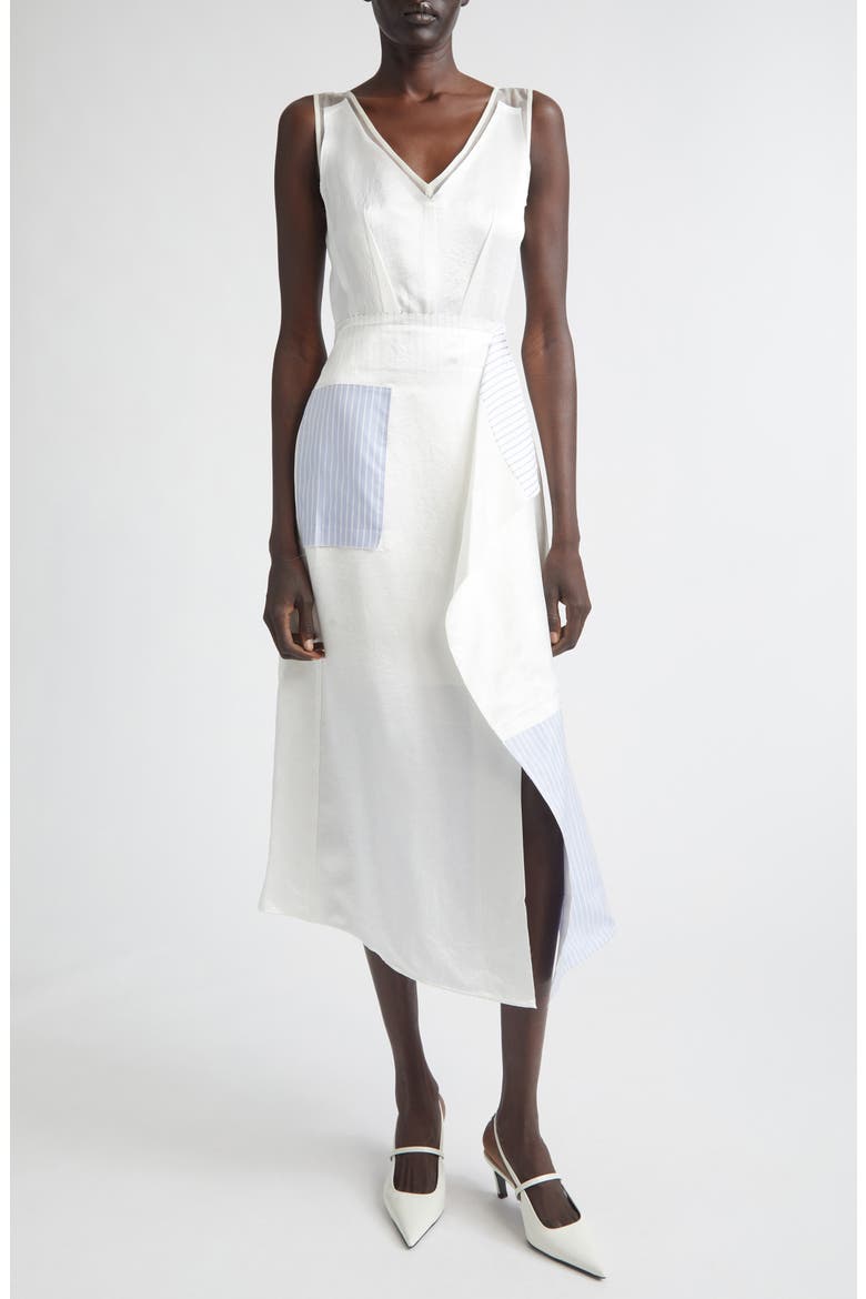 Stripe Collage V-Neck Midi Dress, Main, color, WHITE