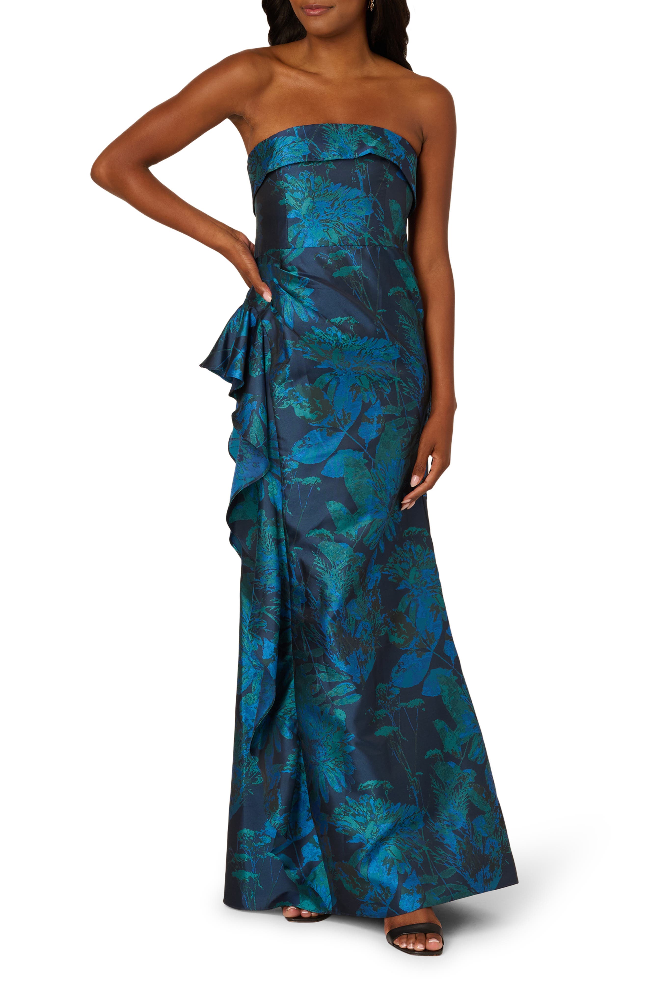 Adrianna Papell Strapless Draped Floral Jacquard Gown