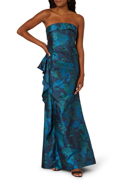 Strapless Draped Floral Jacquard Gown