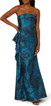 Adrianna Papell Strapless Draped Floral Jacquard Gown