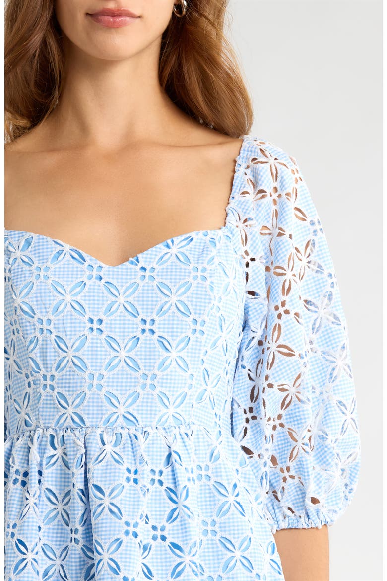 Sequin Detail Cotton Eyelet Babydoll Dress, Alternate, color, WHITE-BLUE