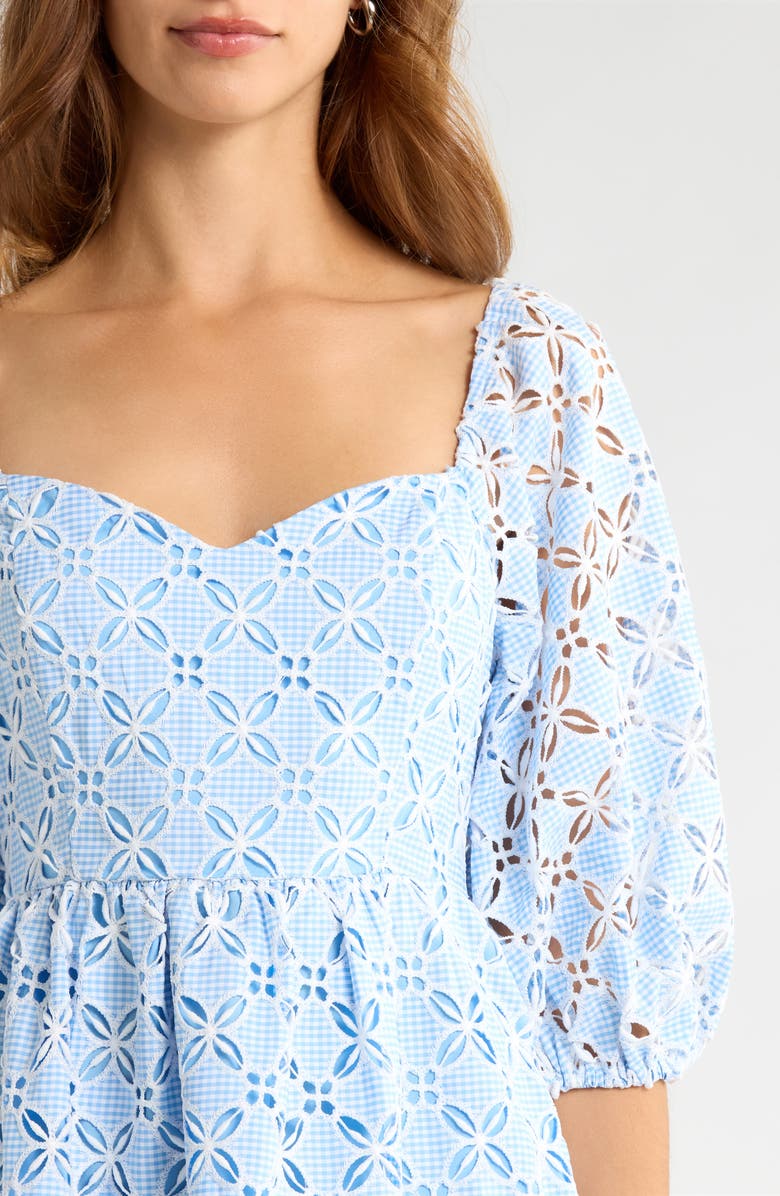 SUGARLIPS Sequin Detail Cotton Eyelet Babydoll Dress, Alternate, color, White-Blue