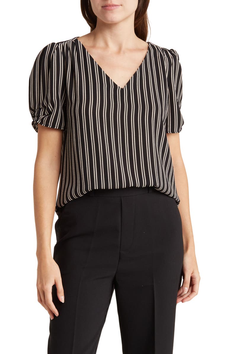 Adrianna Papell Printed V-Neck Ruched Sleeve Pebble Crepe Top, Main, color, 