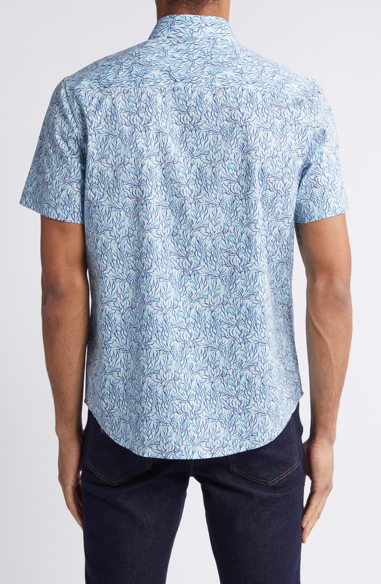Bugatchi Orson Leaf Print Stretch Cotton Camp Shirt, Alternate, color, Aqua Blue