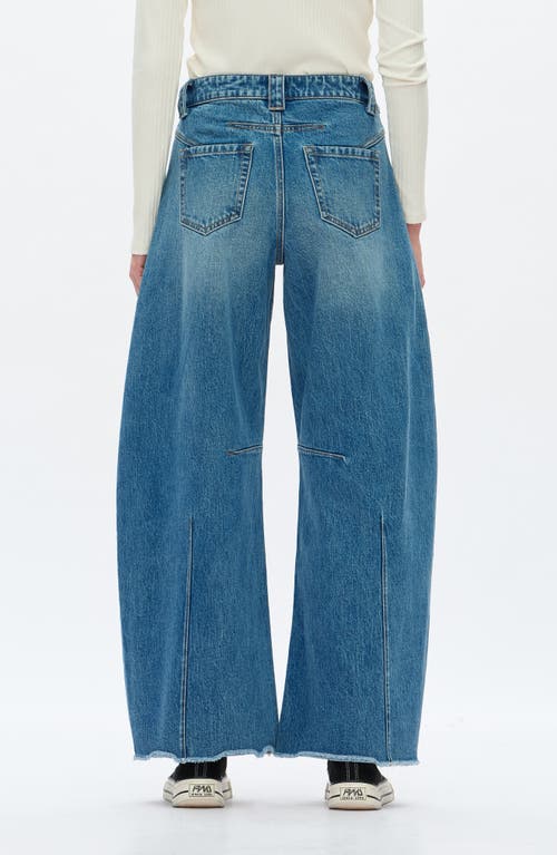 Bayeas Frayed Mid Rise Drop Crotch Barrel Jeans In Blue