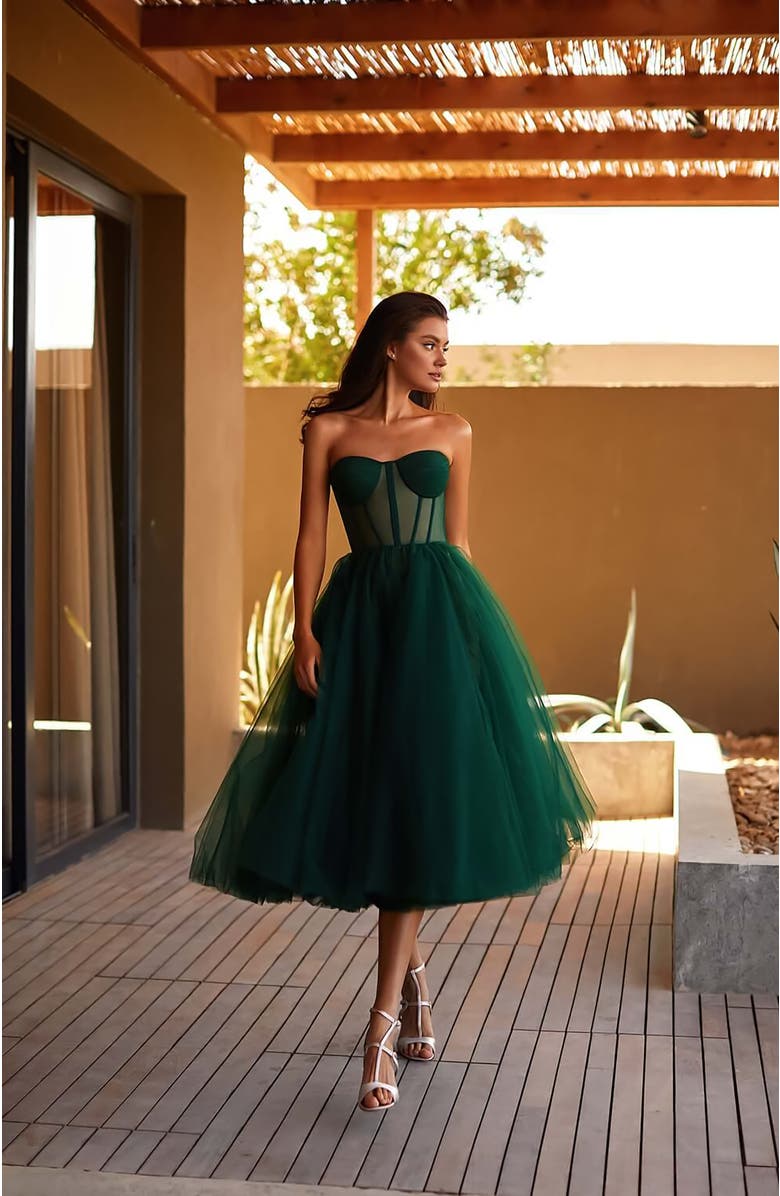 Milla Emerald Green Strapless Puffy Midi Tulle Dress, Alternate, color, Emerald Green