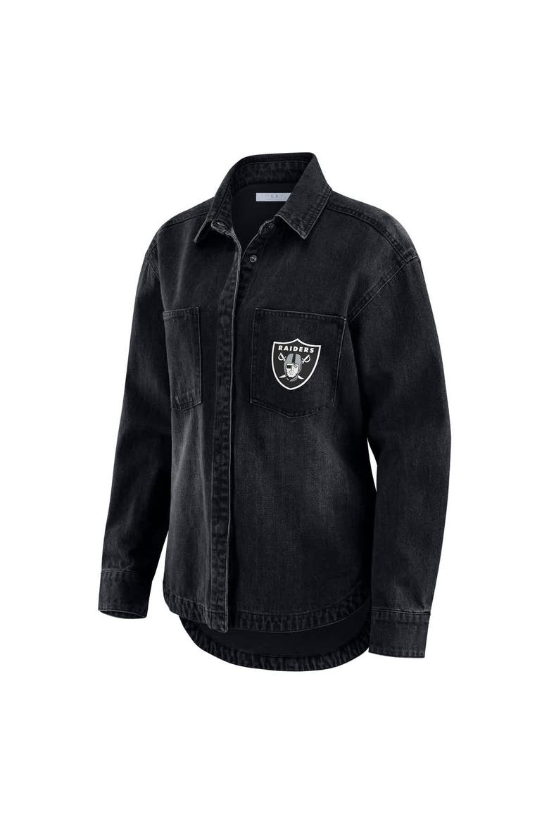 Women's WEAR by Erin Andrews Black Las Vegas Raiders Washed Oversized Denim Full-Snap Shacket, Alternate, color, Black