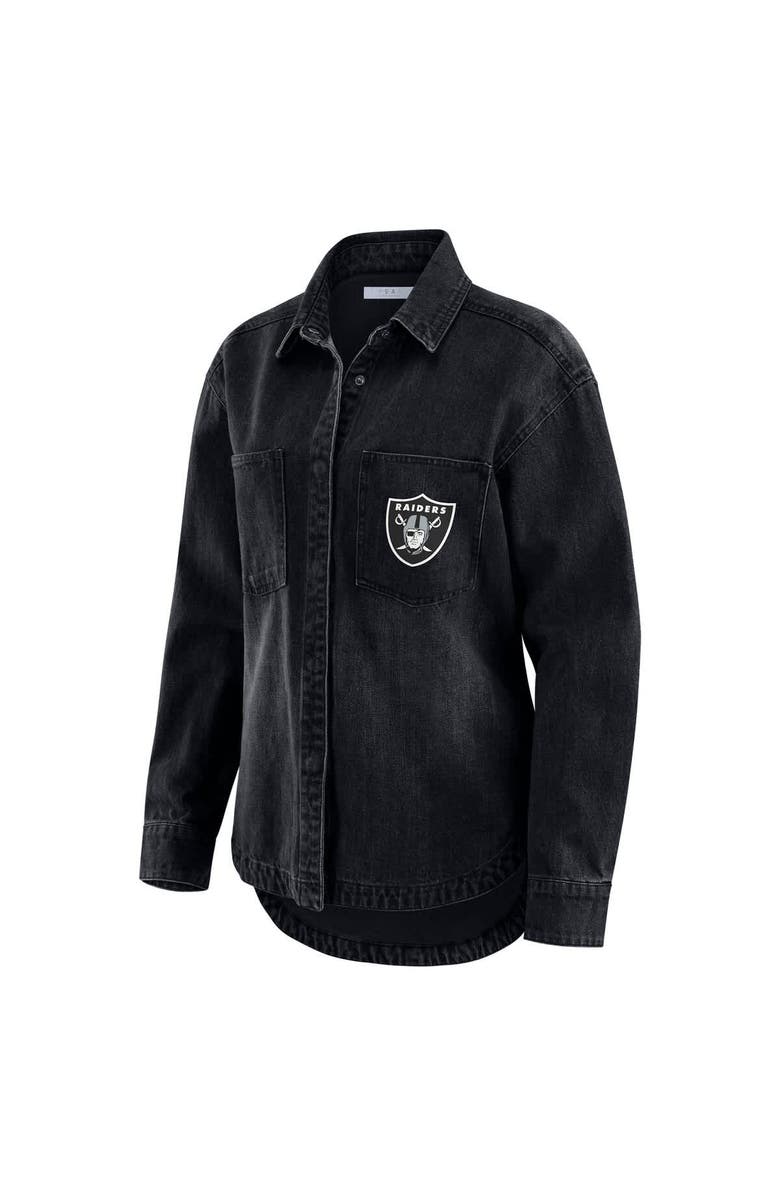 WEAR by Erin Andrews Women's WEAR by Erin Andrews Black Las Vegas Raiders Washed Oversized Denim Full-Snap Shacket, Alternate, color, Black