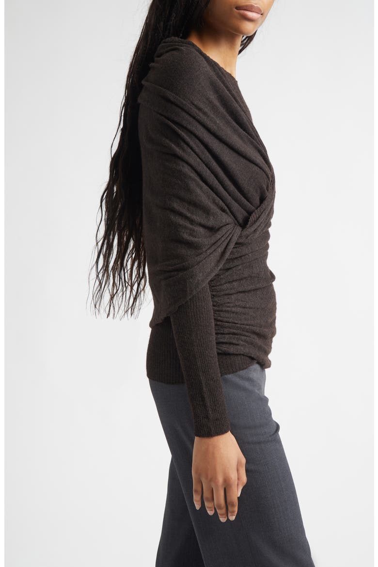 Elio Semisheer Baby Alpaca & Extrafine Wool Blend Rib Crossover Sweater, Alternate, color, BROWN