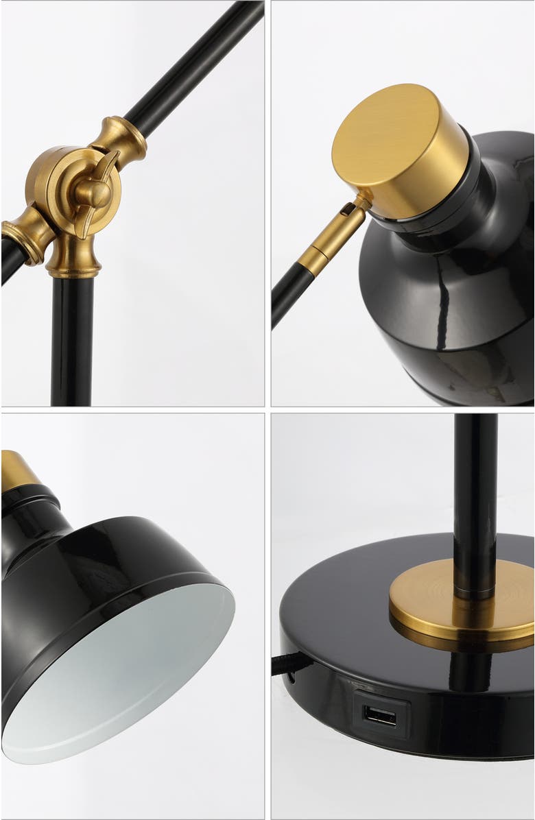 JONATHAN Y Allegra Classic Farmhouse Adjustable Cantilever LED Task Lamp with USB Charging Port, Alternate, color, Black/Brass Gold