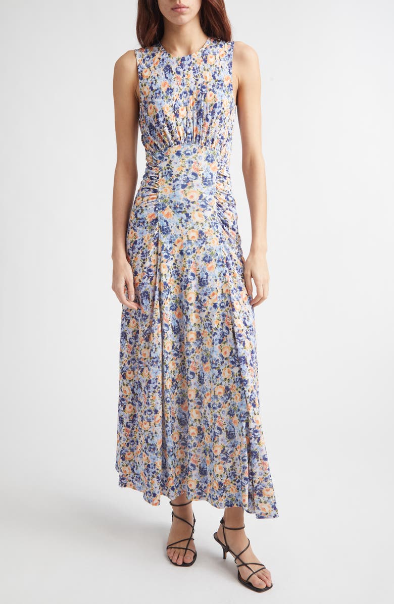 Ulla Johnson Lana Floral Print Ruched Sleeveless Maxi Dress, Main, color, Orchid