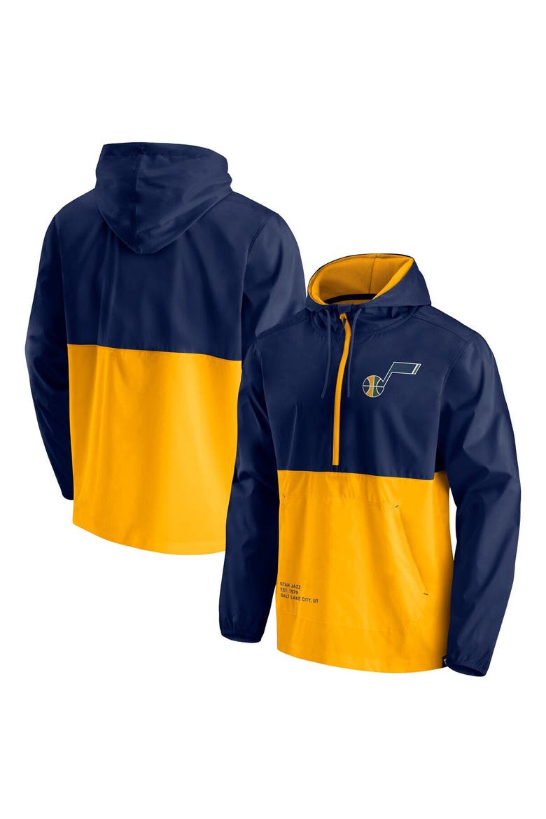 Men's Fanatics Branded Navy/Gold Utah Jazz Anorak Block Party Windbreaker Half-Zip Hoodie Jacket, Main, color, Navy