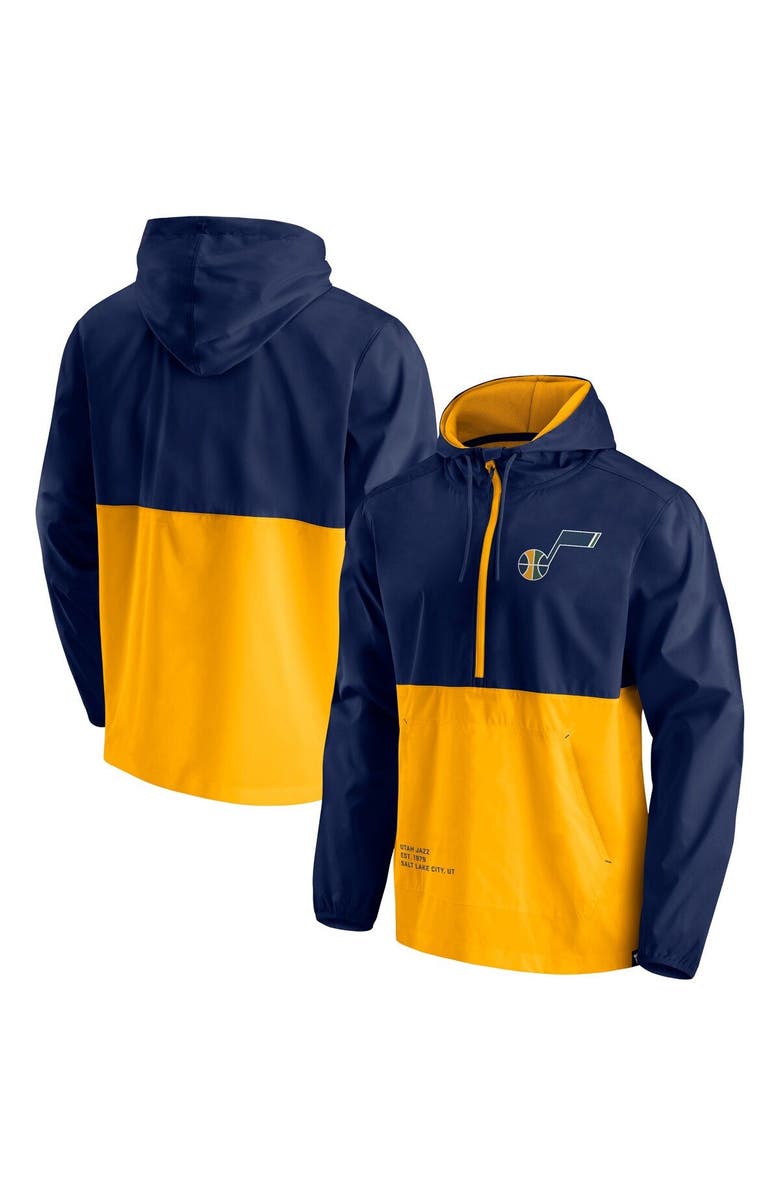 FANATICS Men's Fanatics Branded Navy/Gold Utah Jazz Anorak Block Party Windbreaker Half-Zip Hoodie Jacket, Main, color, 