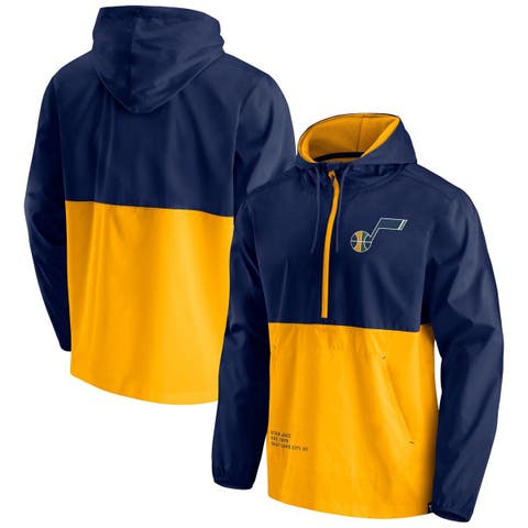 Men's Fanatics Branded Navy/Gold Utah Jazz Anorak Block Party Windbreaker Half-Zip Hoodie Jacket